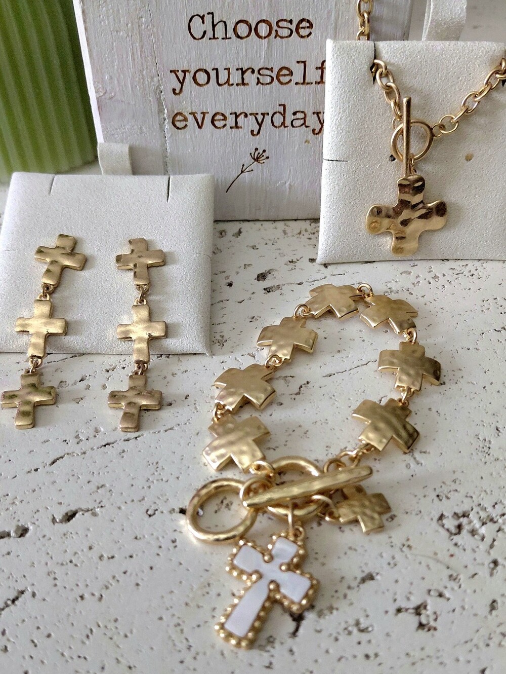 Gold Cross Link Necklace, Bracelet & Earring Set - Elegant Women’s Jewelry